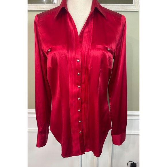 White House Black Market Tops - White House Black Market Red Silk Stretch Pintuck Pleated Button Up Blouse 8